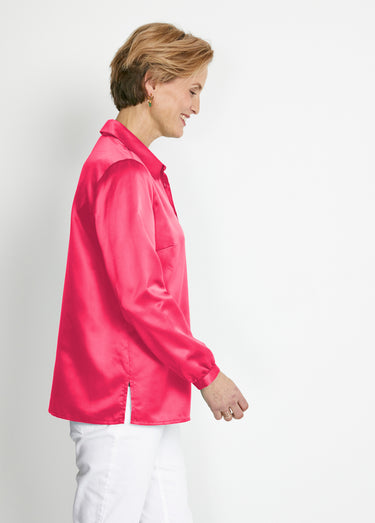 Chemisier long droit boutonné en satin Uni Fuchsia