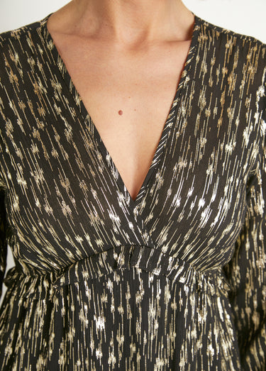 Robe courte motif métallisé col V Noir/Dore