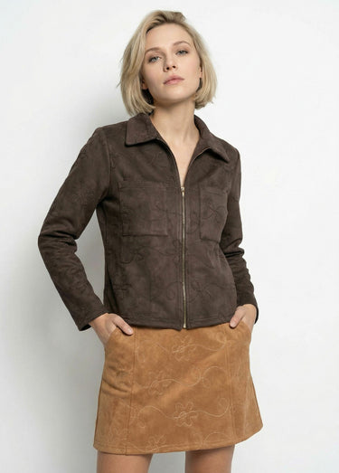 Veste zippée style motard, simili cuir Chocolat
