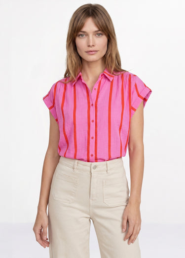 Chemisier rayures vives, manches revers Rose/Rouge