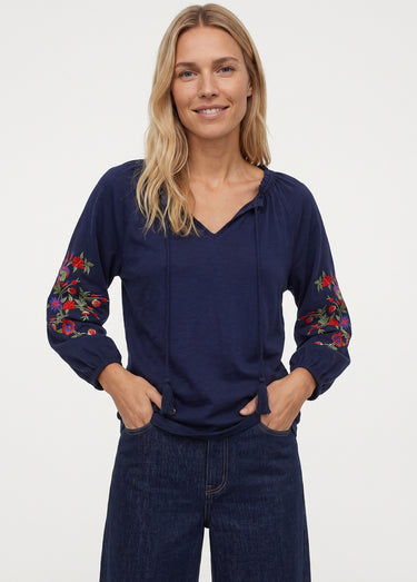 T-shirt long brodé manches 3/4 Marine