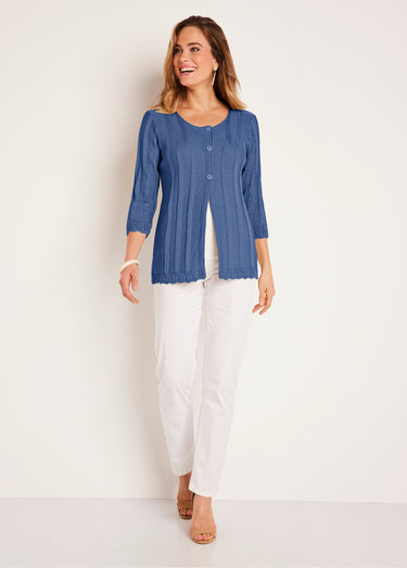 Cardigan boutonnée long ajouré Bleu