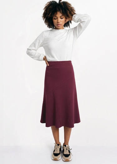 Jupe longue évasée tissu extensible Bordeaux