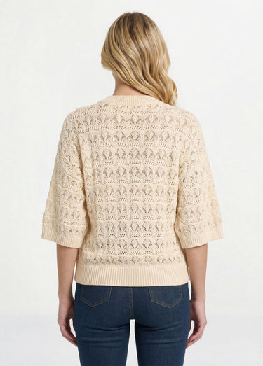 Pull manches courtes en maille ajourée Ecru