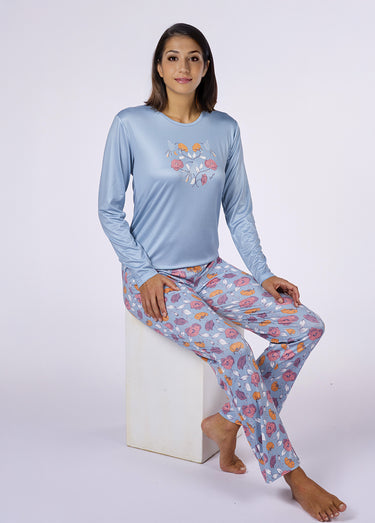 Pyjama long 2 pièces thème coquelicots Imprime/Bleu