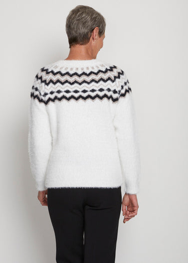 Pull col rond maille poilue jacquard soleil Blanc