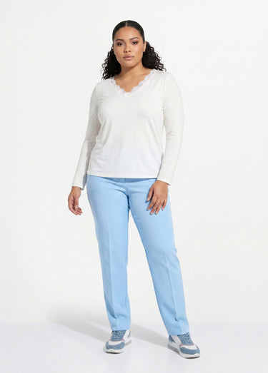 T-shirt court dentelle col V manches longues Ecru