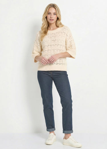 Pull manches courtes en maille ajourée Ecru