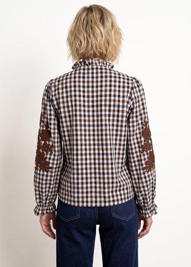 Chemisier à carreaux, broderies fleurs Marron/Ecru