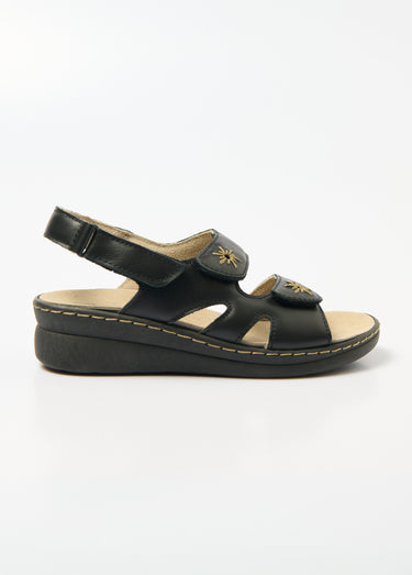 Sandales cuir brodé grande largeur Noir