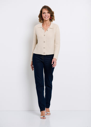 Gilet boutonné uni avec col manches longues Beige