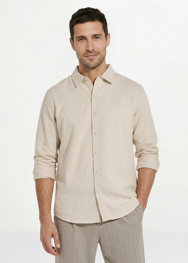 Chemise col à pointes, en coton / lin Beige