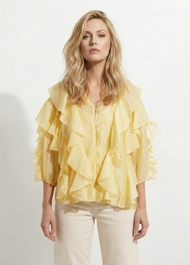 Blouse col V boutonnée à volants Jaune