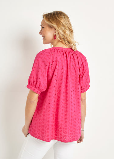 Chemisier ample coton brodé sans col Fuchsia