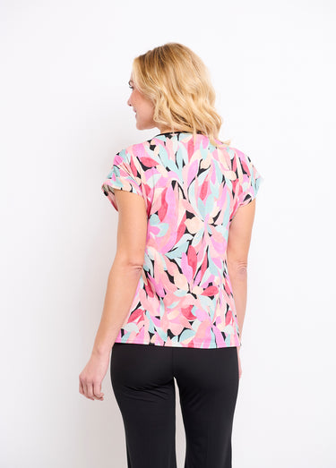 T-shirt court col V avec liens imprimé floral Noir/Saumon