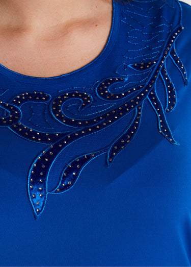 T-shirt court col rond résille brodé strass Bleu