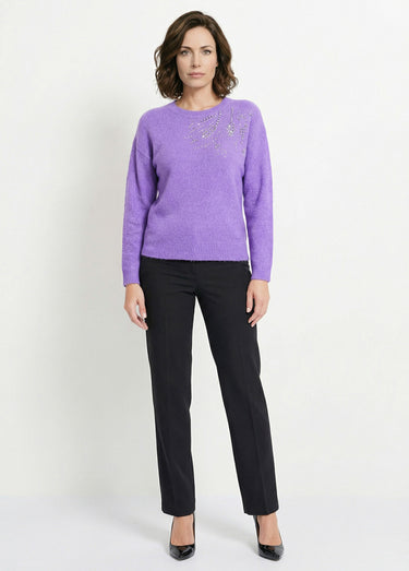 Pull doux col rond avec strass et sequins Violet