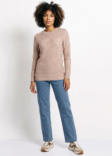 Pull tunique mi long uni col rond maille ajourée Beige Rose