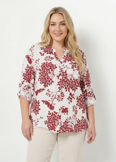 Tunique col tunisien motif hortensias Bordeaux/Ecru