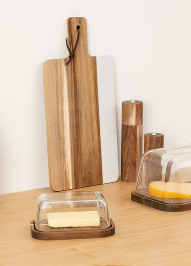 Beurrier en verre avec socle acacia Bois