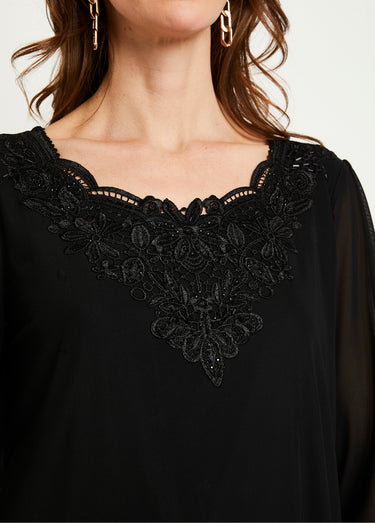 T-shirt long ample résille brodée Noir