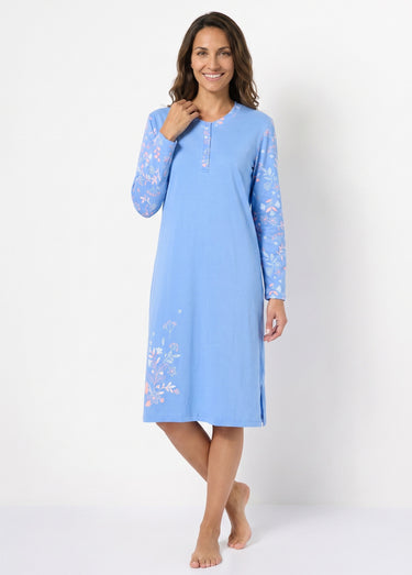 Chemise de nuit mi longue coton uni motif fleuri Imprimé bleu/rose