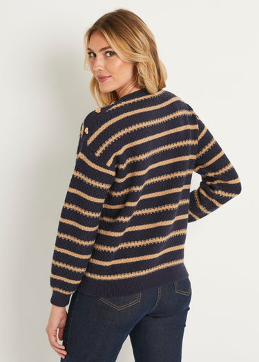 Pull doux rayé col rond maille fantaisie Marine/Camel