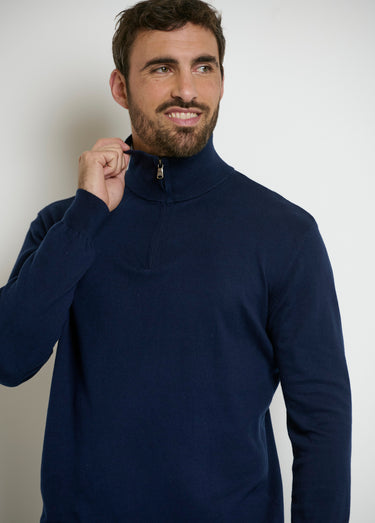 Pull col camionneur zippé contrastant Bleu Marine