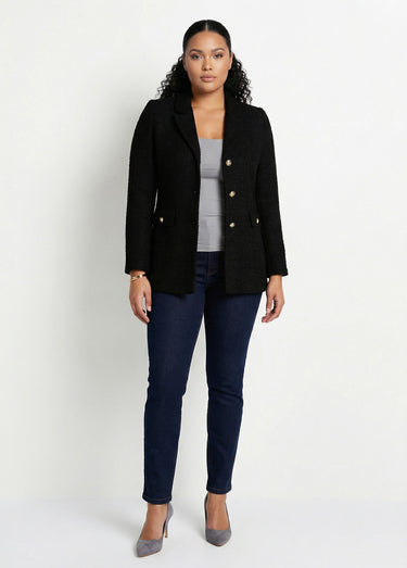 Veste droite boutonnée tissu natté col tailleur Noir