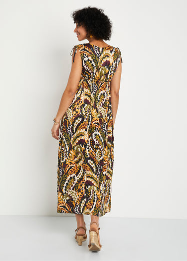 Robe longue col V imprimée sans manches Ocre/Vert