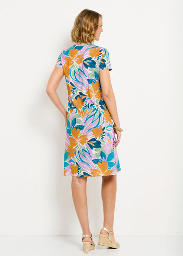Robe T-shirt fleurie manches courtes Parme/Ocre