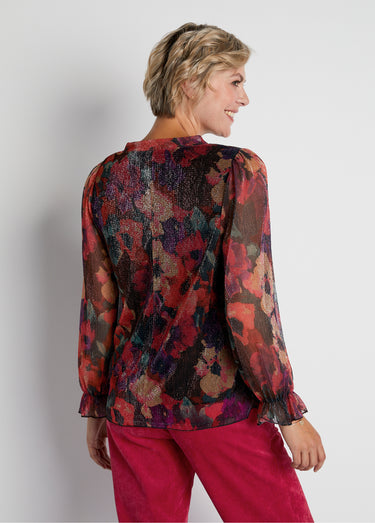 T-shirt maille résille plissée imprimé floral Imprime Rouge