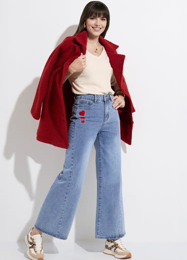 Jean 5 poches large denim broderies cœur Stone