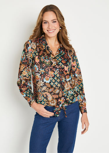 Chemisier blouson court imprimé col tailleur Noir / Marron