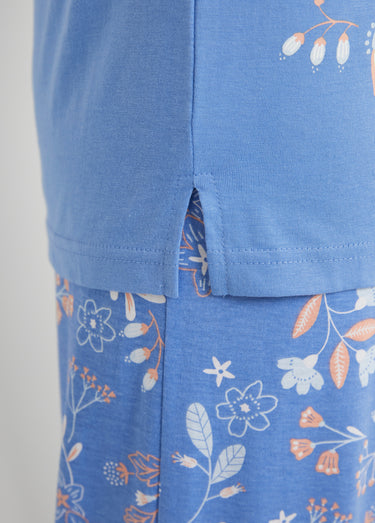 Pyjama manches longues coton uni fleuri Imprimé bleu/rose