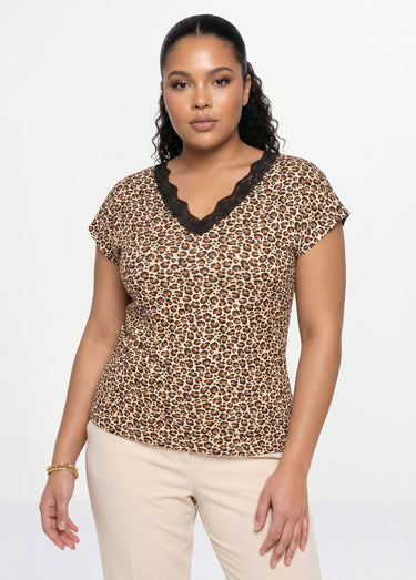 T-shirt court extensible dentelle Fond Camel