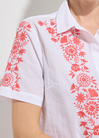 Chemisier long coton brodé manches courtes Blanc/Rose