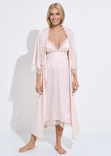 Nuisette longue + déshabillé satin dentelle Rose