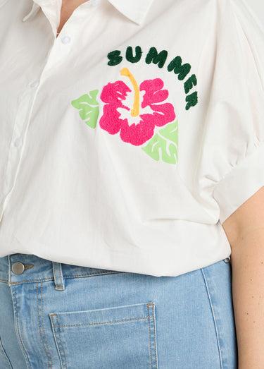 Chemisier uni, broderies thème Summer Blanc / Multicolore