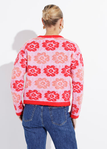 Pull court en maille motif fleuri Rose/Rouge