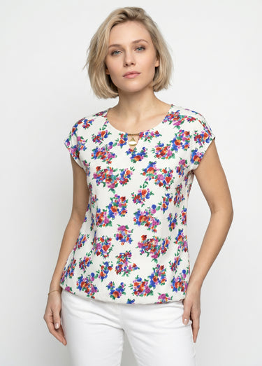 T-shirt blousant col bijou fleuri Fond Blanc
