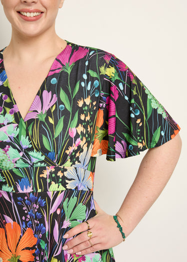 Robe courte fluide manches papillon, fleuri Imprime Fond Noir