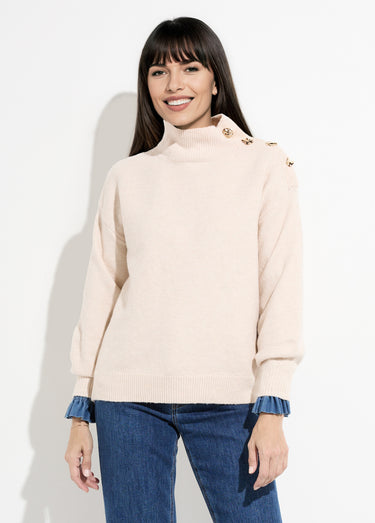 Pull col montant boutons bijou métal Beige