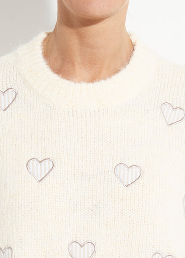 Pull col rond coeurs rayés avec laine Ecru