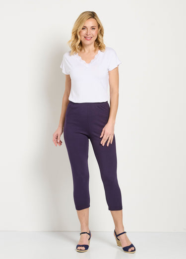 Legging court taille élastiquée coton Uni Prune