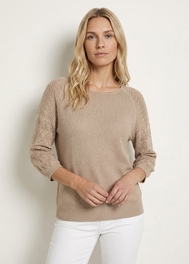 Pull léger manches 3/4 raglan col rond Beige