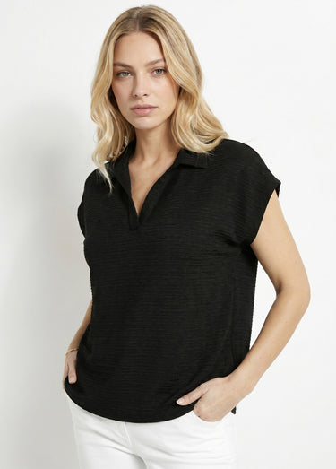 T-shirt col chemise uni manches courtes Noir