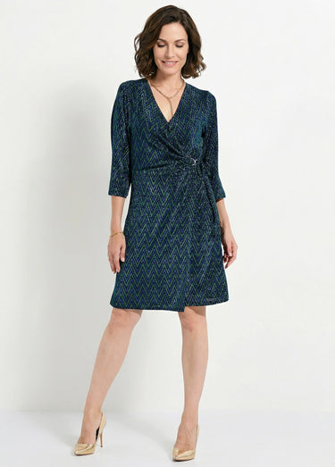 Robe cache-coeur court maille brillante imprimée Bleu/Vert