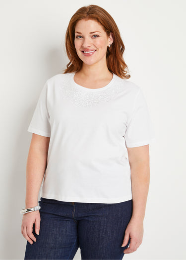 T-shirt manches courtes col brodé clouté Blanc