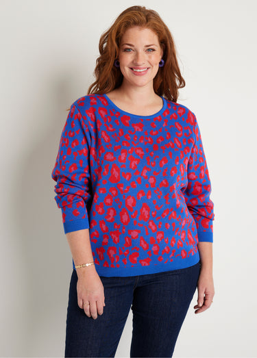 Pull motif léopard col rond Bleu